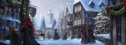Hogsmeade during the snowy holidays.